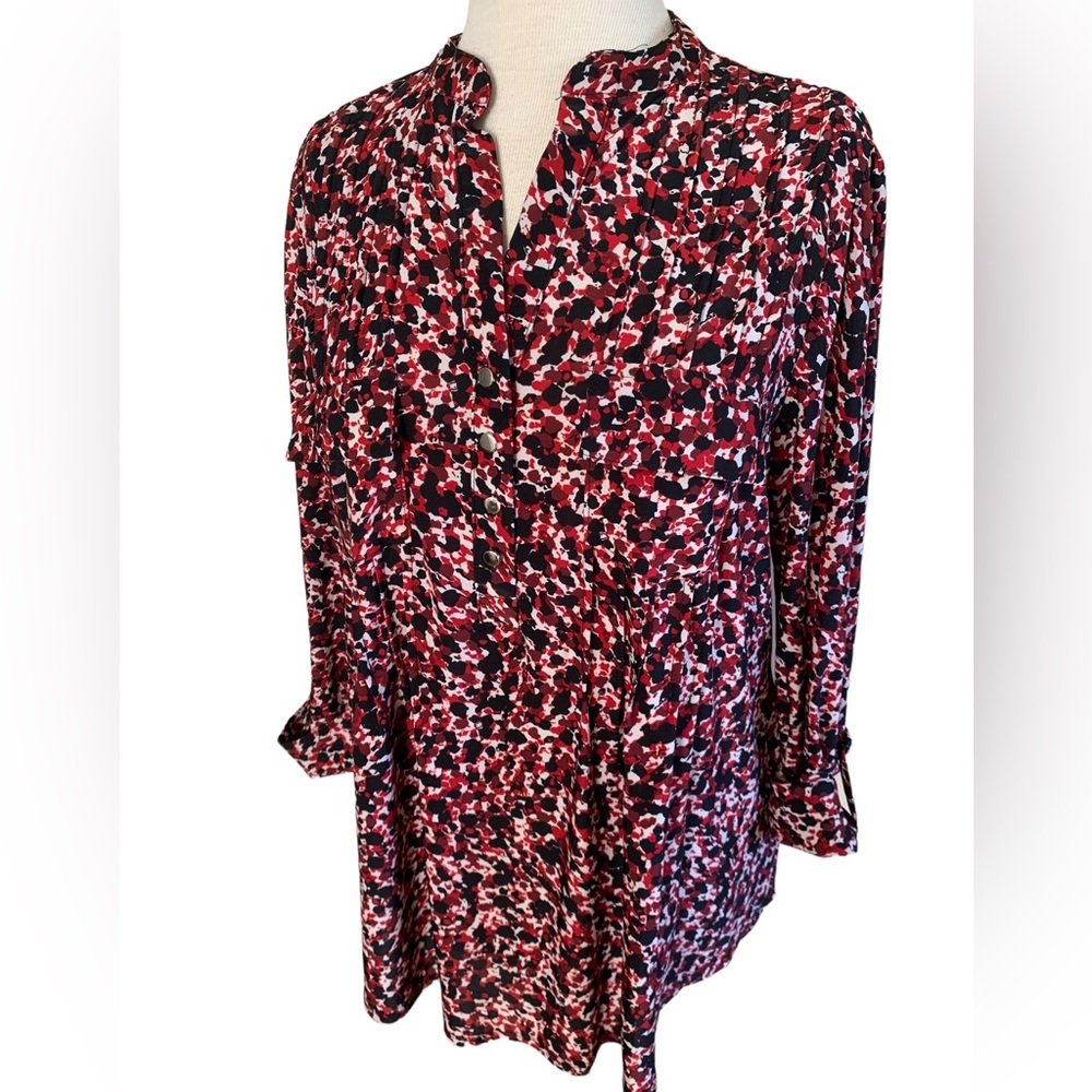 COCOMO 1X Red Black 3/4 sleeve Plus Size women's Pintuck Blouse tunic - Picture 3 of 14